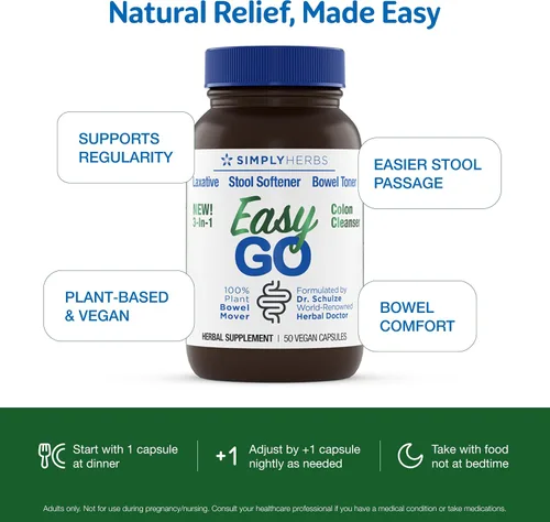Vista 5 de Simply Herbs Easy Go - Suplemento limpiador para adultos para apoyo a la salud del colon, ayuda para el movimiento intestinal, suavizante de heces