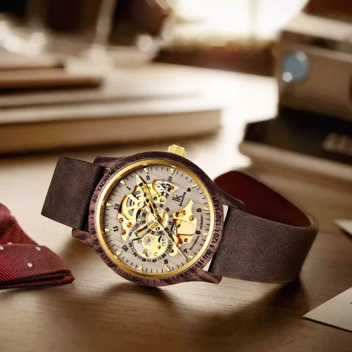 Vista 4 de Relojes para hombre de lujo, caja mecánica de madera, esqueleto Lumious, cuerda automática, ligera, pulsera de cuero auténtico, correa de madera
