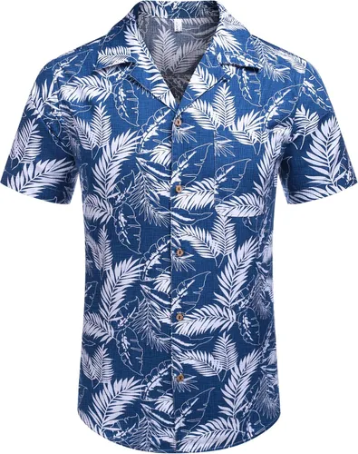 Vista 4 de COOFANDY Camisas florales hawaianas de algodón y lino con botones tropicales para hombre