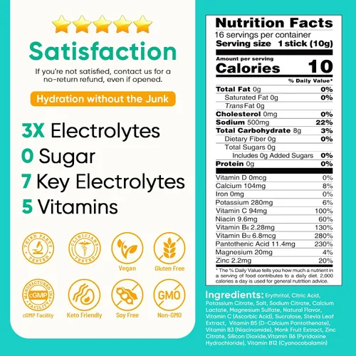 Vista 6 de Venture Pal Paquetes de electrolitos en polvo sin azúcar, mezcla de bebida para hidratación rápida y recuperación de fiestas, 5 vitaminas y 7
