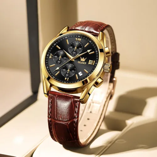 Vista 5 de OLEVS Reloj cronógrafo para hombre, reloj de pulsera analógico de cuarzo con correa de cuero para hombre (azulblanconegrodorado)