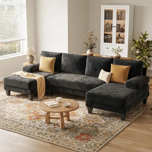 Vista 9 de Sofás seccionales en forma de U para sala de estar, sofá de felpilla con diván doble, sofá seccional gris oscuro de 112 pulgadas para apartamento