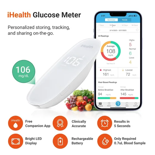 Vista 2 de Kit de monitorización de glucosa inalámbrico inteligente iHealth Gluco+ con aplicación gratuita, 100 tiras de glucómetro, 100 lancetas, 1 monitor