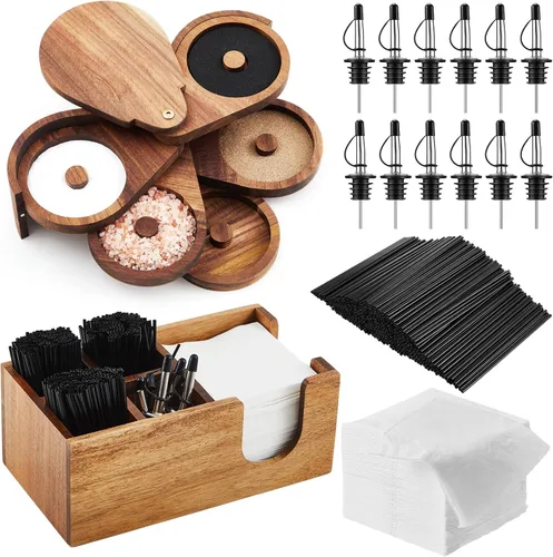 Vista 10 de Mifoci Herramienta de Barman Rimadora de Vasos de Madera de Acacia de 3 Niveles con 12 Vertedores Clásicos de Acero Inoxidable para Botellas