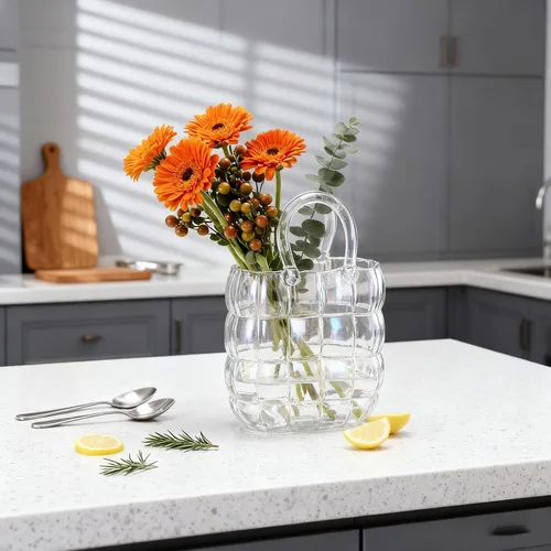 Vista 2 de Elegante jarrón de cristal para arreglos florales, diseño de bolso de boca ancha que mejora las bodas de granja, centros de mesa del hogar, Azul