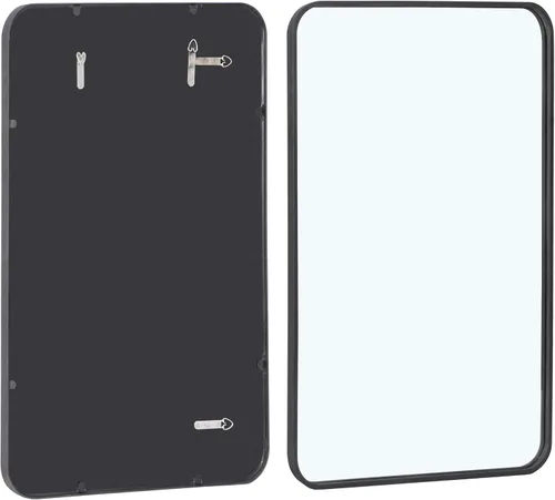 Vista 3 de HomGarden Espejo de baño cuadrado moderno de 24 x 36 pulgadas con marco de metal negro, esquina redonda, espejo montado en la pared para baño