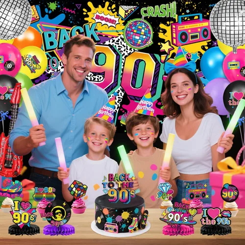 Vista 6 de Las decoraciones de fiesta de los años 90 incluyen telón de fondo de los años 90, globos de papel de aluminio y látex, adornos para pasteles