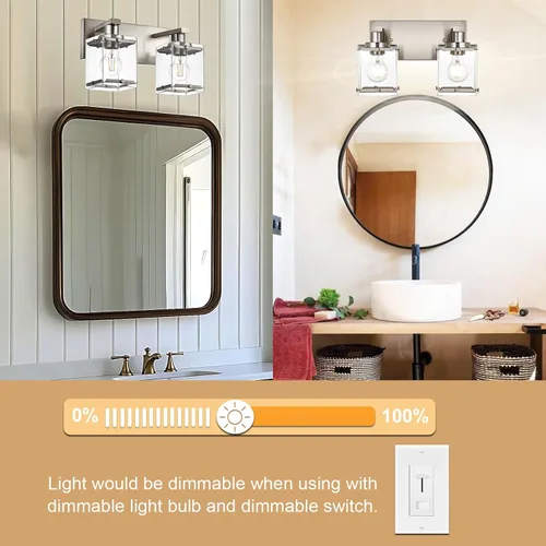 Vista 3 de Iluminación de aplique de pared de 2 luces con base de bombilla E26, lámpara de tocador de baño moderna de níquel cepillado para sobre espejo