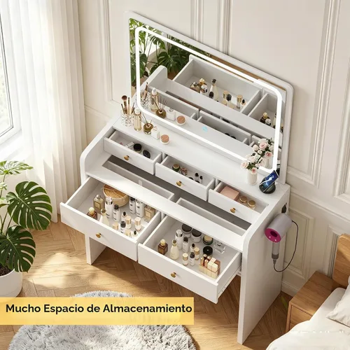 Vista 6 de Juego de escritorio de maquillaje con espejo iluminado LED, tocador y taburete, 5 cajones de almacenamiento, toma de corriente, luces regulables sin