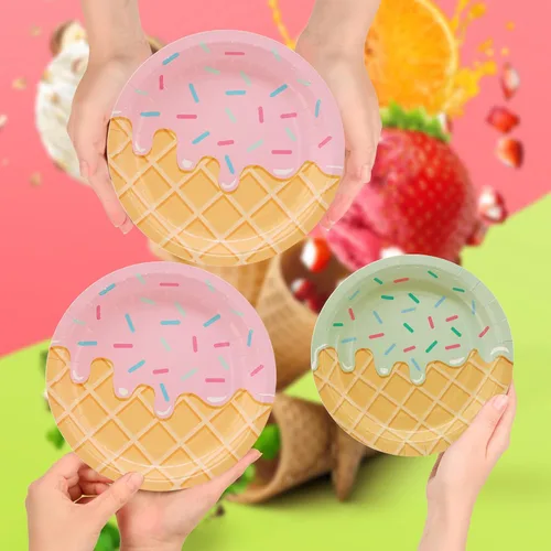 Vista 7 de DYLIVeS 132 piezas de suministros para fiesta de cumpleaños de helado, juego de vajilla desechable para decoración de mesa de fiesta para niña