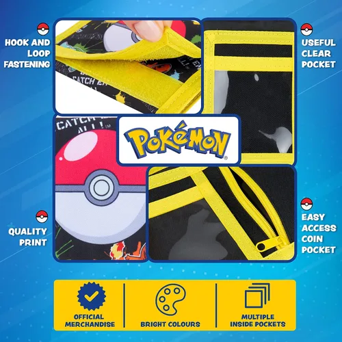 Vista 5 de Pokemon - Cartera triple plegable para niños con compartimento para monedas con cremallera y bolsillo transparente para identificación