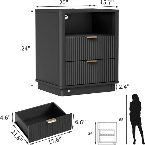 Vista 2 de Mesita de noche LED acanalada, mesita de noche curvada inteligente con iluminación de estación de carga, mesa auxiliar de madera con 2 cajones