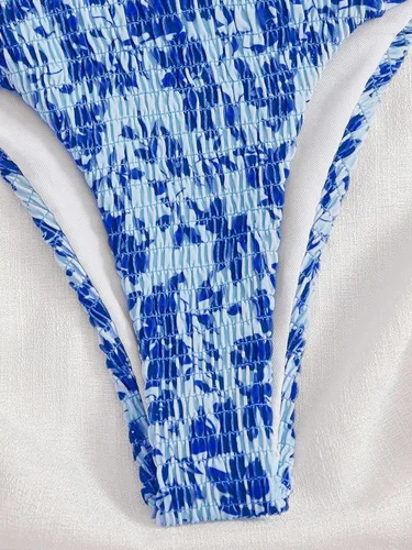 Vista 4 de MakeMeChic Traje de baño bandeau de 2 piezas para mujer, estampado floral, sin tirantes, nudo frontal, corte alto, conjunto de bikini