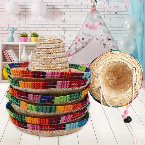 Vista 4 de Xplanet Paquete de 6 mini sombreros de fiesta mexicana de paja natural, mini sombrero de fiesta, suministros para fiestas