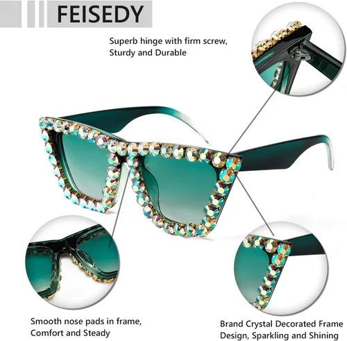 Vista 4 de FEISEDY Gafas de sol de ojo de gato cuadradas de cristal para mujer, gafas de sol brillantes de moda retro Cateye B2898