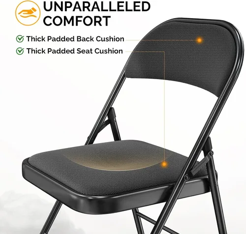 Vista 4 de Bonnlo Silla plegable, sillas plegables acolchadas de tela con cojín, respaldo y marco de acero para interiores y exteriores, comedor, oficina, Negro