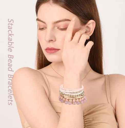 Vista 2 de FINZOR 6 juegos de pulseras bohemias apilables de cuentas para mujer, pulseras elásticas multicolores, pulseras ajustables de cuentas en capas
