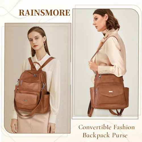 Vista 8 de RAINSMORE Mochila convertible para mujer, de piel sintética, impermeable, a la moda, de 13.3 pulgadas, antirrobo, bolsa de hombro cruzada