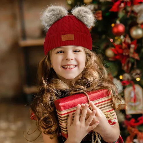 Vista 5 de Century Star Gorro de Navidad para bebé, niña, gorro de Navidad, lindo gorro de Papá Noel, gorro de invierno cálido con pompón