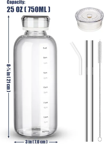 Vista 7 de NiHome - Botella de agua de vidrio de 25 onzas / 25.4 fl oz con pajitas de metal, 2 tapas, transparente High Borosilicate Glass Water Bottle with