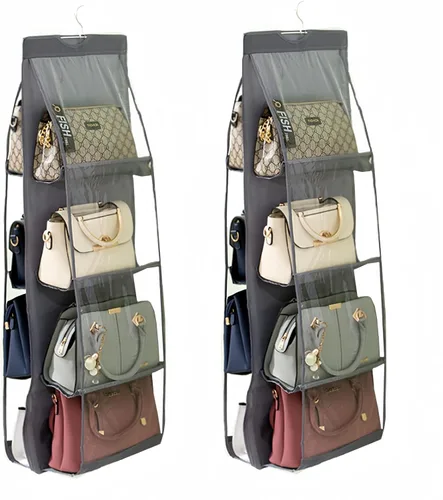 Vista 8 de HAN SHENG Organizador colgante de 6 bolsillos transparente para bolsos y monederos - Estante colgante para ahorrar espacio para clóset, armario