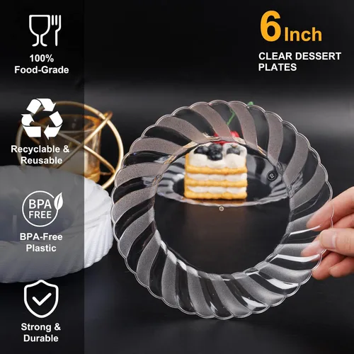 Vista 3 de U-QE 100 platos de plástico transparente, platos de postre de plástico de 6 pulgadas, desechables, lavables y reutilizables, platos transparentes