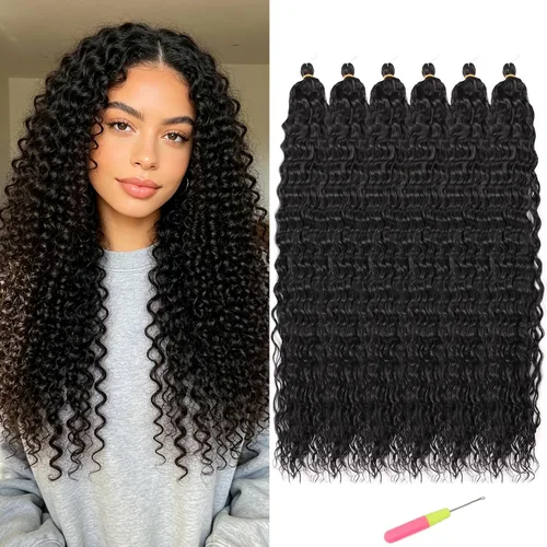 Vista 31 de Extensiones de cabello ondulado con ganchillo Ocean Wave de 18 pulgadas, 6 paquetes, extensiones de cabello de ganchillo sueltas de onda profunda #1B