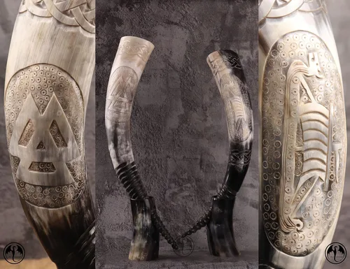 Vista 6 de Cuerno vikingo con soporte Abuey natural grabado a mano grande Seguro para alimentos Regalos vikingos nórdicos únicos para hombres y mujeres