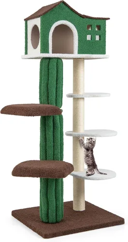 Vista 9 de Tangkula Árbol alto para gatos de interior, torre moderna de 7 niveles y 61 pulgadas con postes rascadores de sisal, condominio superior, tela