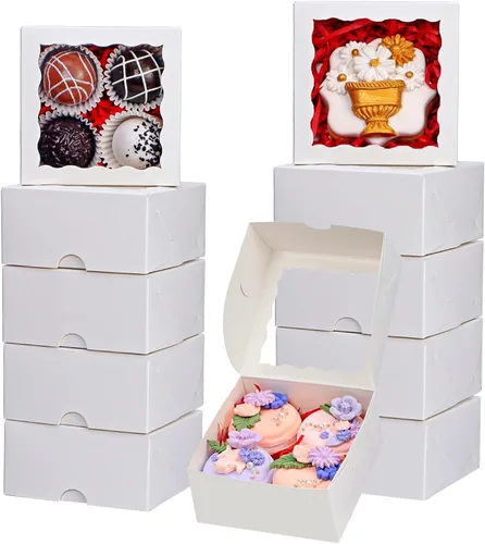 Vista 17 de 20 piezas cajas de panadería elegantes de 6 x 6 x 2.5 pulgadas con ventana, ideales para galletas, fresas cubiertas de chocolate, pasteles