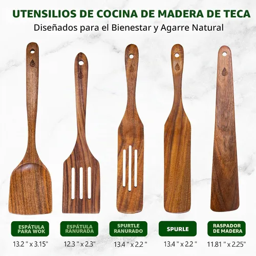 Vista 3 de 5 piezas de espátulas de madera para cocinar, juego de utensilios de madera de teca natural, utensilio de cocina de madera no tóxico, cucharas