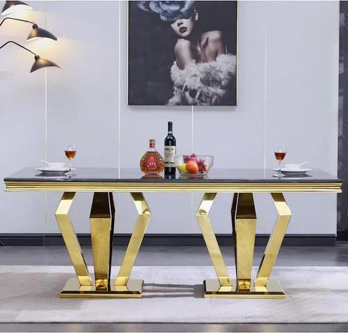 Vista 2 de ACEDÉCOR Juego de 4 mesas de comedor, mesa rectangular con parte superior textil, base geométrica de metal y 4 sillas de comedor de piel sintética