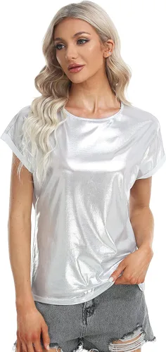 Vista 2 de MISS MOLY Camisetas metálicas de manga corta con cuello redondo holográfico brillante para mujer, para fiesta, club, concierto