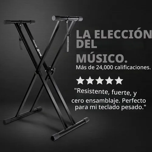 Vista 6 de RockJam Xfinity Double X - Soporte para teclado, premontado y ajustable Pre-assembled double X keyboard stand with safety lock and straps for full