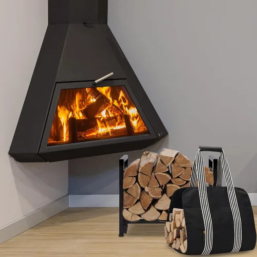 Vista 8 de Portador de leña con bolsa para troncos, estante de almacenamiento de madera para interior/exterior - Soporte de estufa de acero resistente