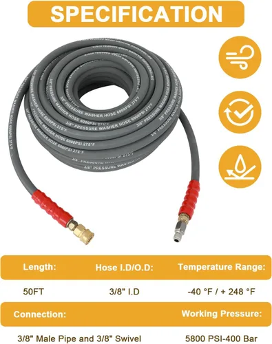 Vista 3 de OCPTY Water Pressure Washer Hose 3/8" 50ft 6000 psi Gray 2-Braid R2 Kink Resistant, Hot and Cold Water Max 248°F, Non-Marking