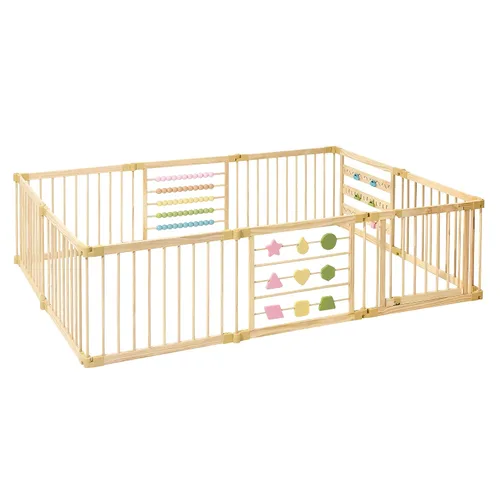 Vista 10 de ZETY - Corralito de madera natural para bebés, patio de juegos plegable de 8 o 10 paneles con panel de puerta y juguetes integrados, certificado CPC