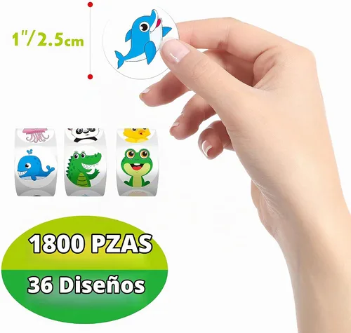 Vista 3 de 1800 calcomanías redondas de animales, 36 diseños de animales salvajes/de granja/marino, calcomanías de recompensa para maestros de dibujos animados