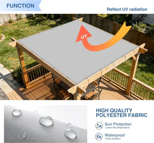 Vista 4 de E&K Toldo rectangular impermeable de 12 x 12 pies, con ojales, bloqueo UV, para pérgola, patio trasero, jardín, terraza, al aire libre (gris claro)