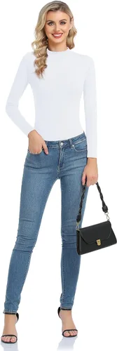 Vista 5 de Camiseta térmica básica de manga larga para mujer, ligera, con cuello alto falso, ajustada, capa suave