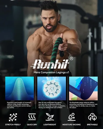 Vista 4 de Runhit Pantalones de compresión para hombre, mallas para correr, leggings de entrenamiento, pantalones atléticos de capa base para deportes, yoga