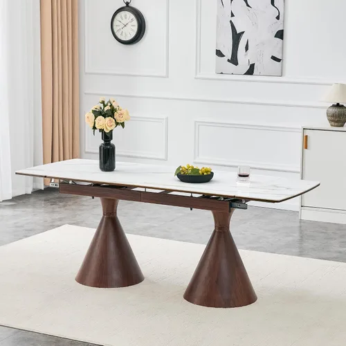 Vista 10 de Mesa de comedor extensible moderna para 4-8 personas, mesa de cocina de piedra sinterizada expandible con base de metal negro, ahorro de espacio