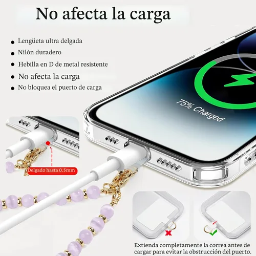 Vista 4 de Correa de muñeca con cuentas de mármol para mujer, diseño desmontable 304 Steel Core, detachable phone wristlet with tether tab, keeps your phone