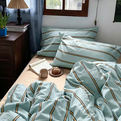 Vista 362 de mixinni Juego de funda de edredón vintage a rayas, tamaño twin, juego de ropa de cama de 3 piezas, 100% algodón lavado, suave y transpirable, funda