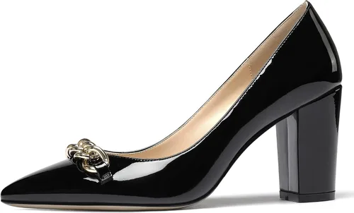 Vista 2 de WAYDERNS Zapatos de tacón alto para mujer, diseño de cadena de metal dorado, patente, puntera puntiaguda, zapatos de tacón alto de 3.5 pulgadas