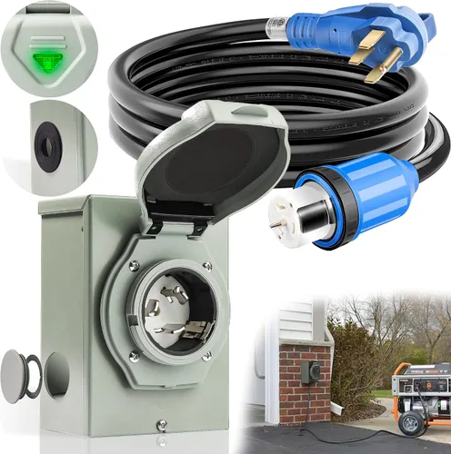 Vista 9 de Cable generador de 30 amperios y caja de entrada de alimentación [preperforada], cables de generador de 25 pies de 30 amperios, 125/250 voltios