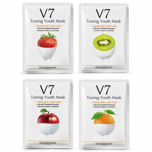 Vista 3 de BIOAQUA V7 Hidratación profunda que hace la piel facial de la juventud, siete vitaminas esencia, naranja, kiwi, manzana, fresa, máscara facial