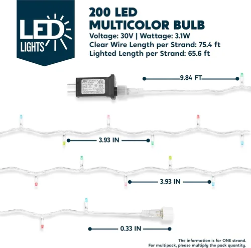 Vista 4 de JOYIN 200 luces LED de Navidad multicolor, 8 modos de luces de árbol de Navidad enchufables, luces parpadeantes de hadas conectables de 66 pies