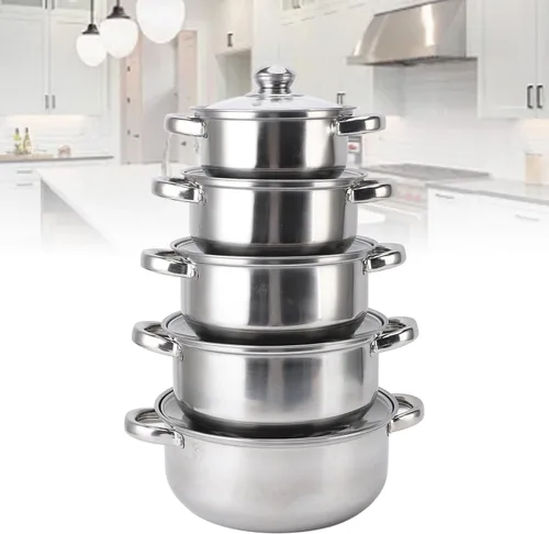 Vista 4 de Generic Juego de ollas de acero inoxidable, elegantes utensilios de cocina con mango de desgaste térmico, tapas de vidrio, base apilable, juego de 5