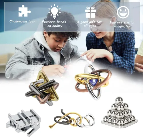 Vista 7 de 5 unids/set rompecabezas de metal rompecabezas conjuntos, 3D desbloqueo rompecabezas entrelazado, nudo de metal rompecabezas juegos mentales, regalo